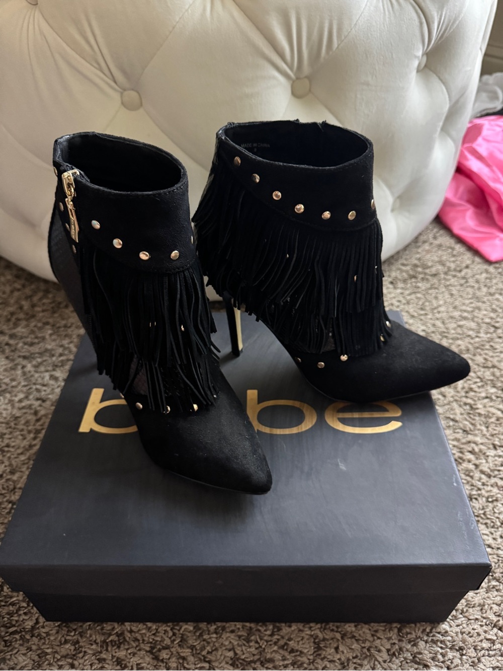 bebe Black Suede Fringe Studded Pointed Ankle Boots